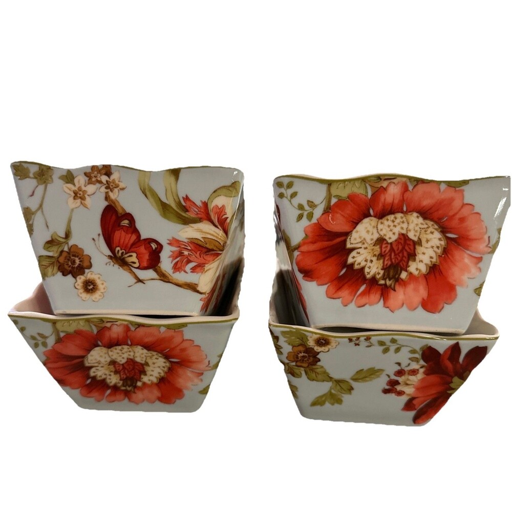 222 Fifth Fine China, 4.5” Spring Botanicals Turquoise Square Bowls Apps